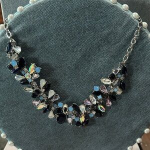 Statement Crystal Bib Necklace in Navy Blue and Iridescent